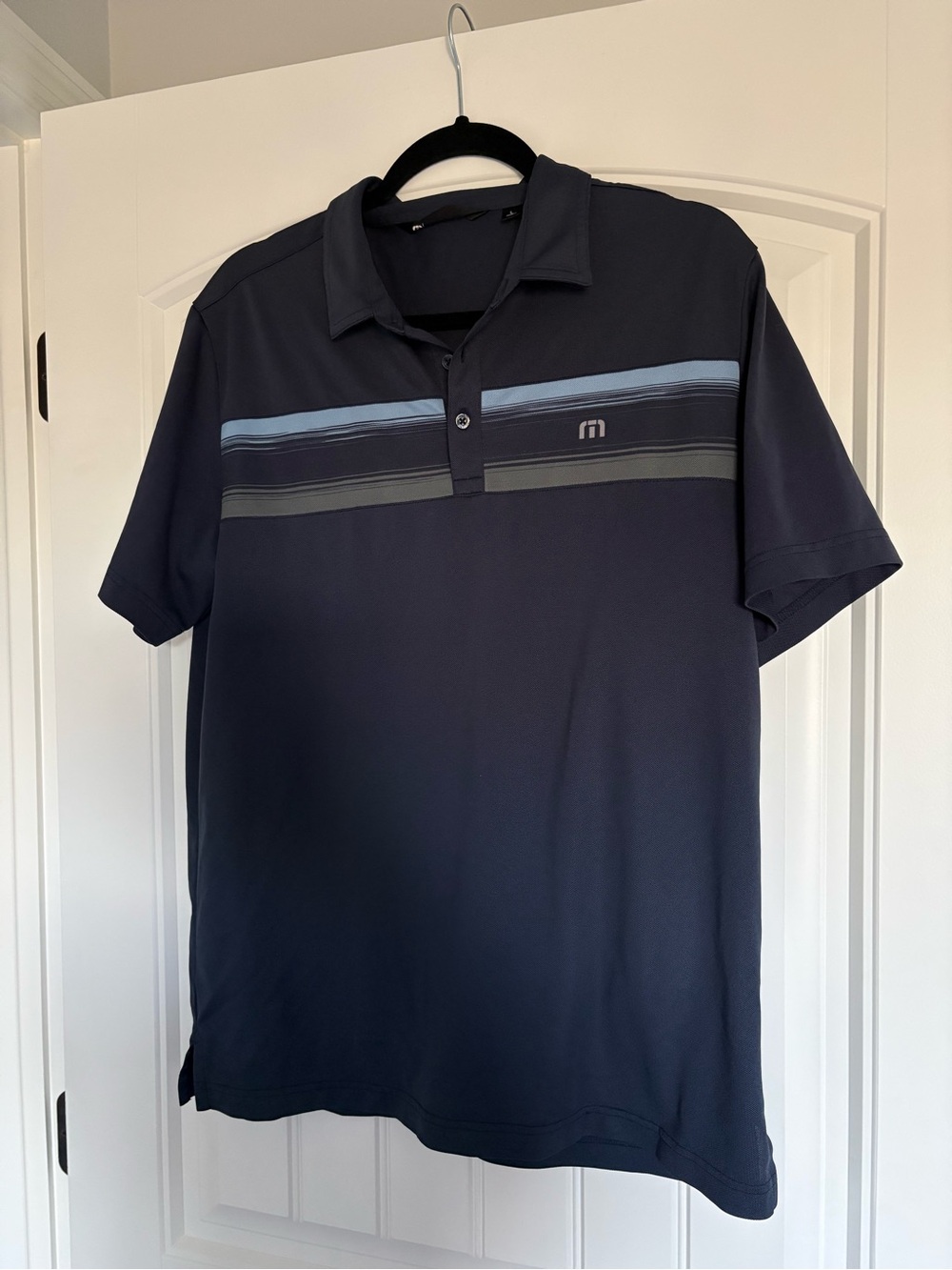 Travis Mathew Navy Polo with Light Blue and Gray Stripes Large